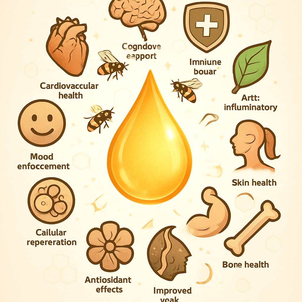 A glowing drop of royal jelly surrounded by twelve icons representing different health benefits, with bees and honeycomb patterns in the background.