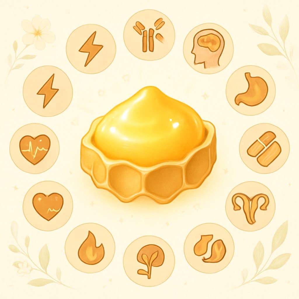 An illustration of golden royal jelly in a honeycomb surrounded by twelve icons representing various health benefits related to anti-inflammatory and antioxidant effects.