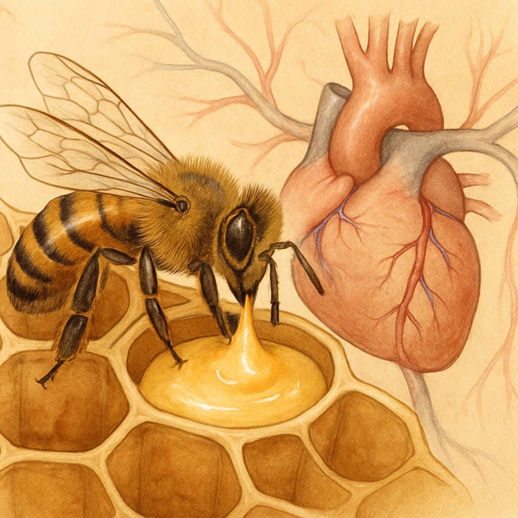 A honeybee collecting royal jelly from a honeycomb with a healthy human heart and blood vessels in the background.