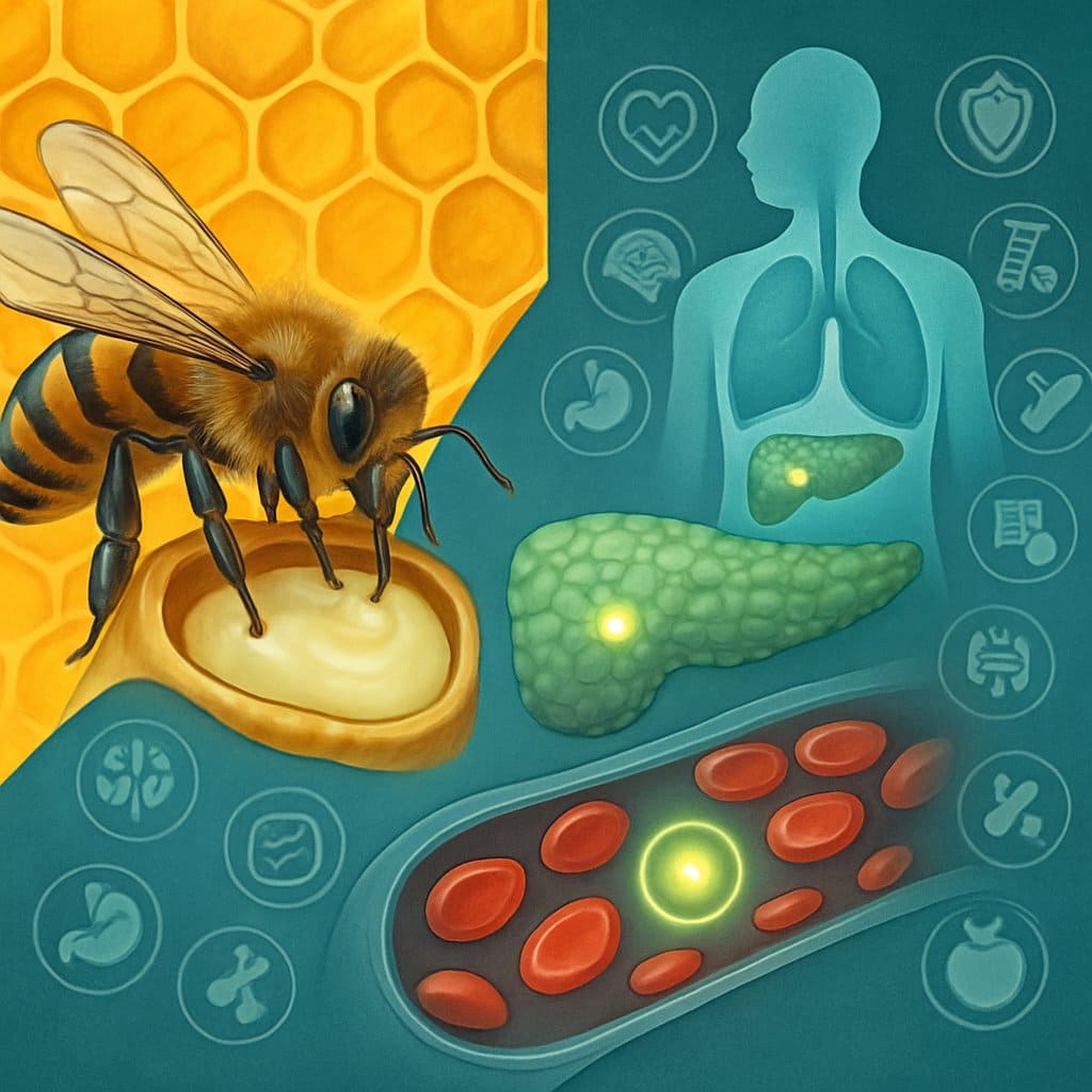 A detailed illustration showing a honeybee collecting royal jelly near a honeycomb, with human organs highlighting blood sugar regulation and twelve icons representing health benefits.