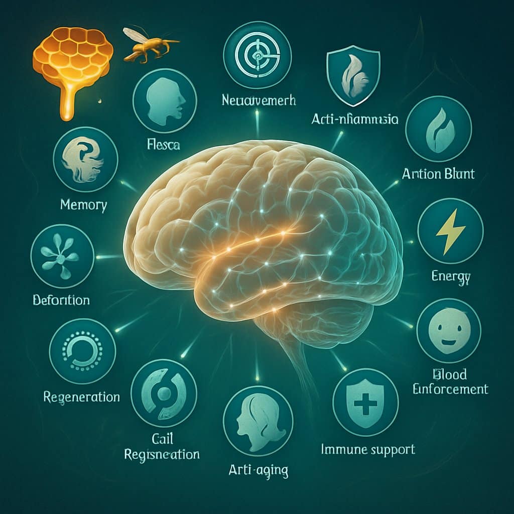 A human brain surrounded by twelve icons representing different health benefits, connected by glowing lines to a golden honeycomb with royal jelly dripping from it.