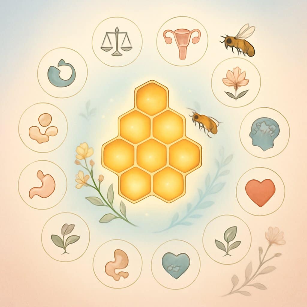 An illustration showing a glowing honeycomb surrounded by twelve icons representing various health benefits related to hormonal balance and reproductive health, with bees and flowers in the background.