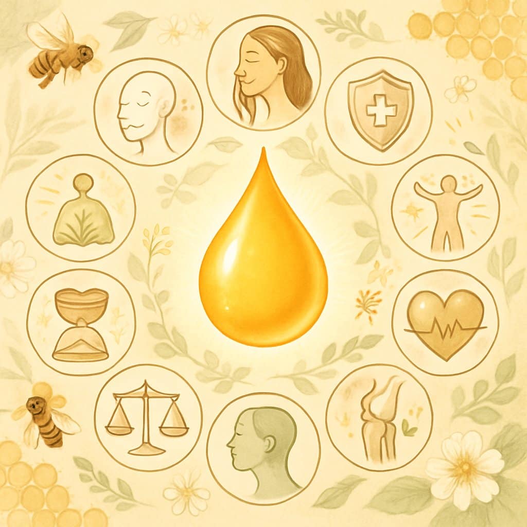 A glowing golden drop of royal jelly surrounded by twelve icons representing different health benefits, with bees, honeycombs, and flowers in the background.