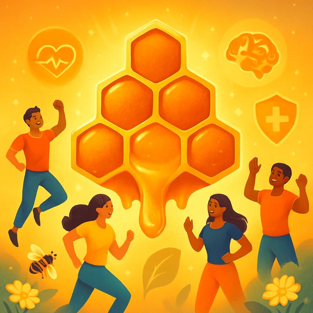 Glowing honeycomb with golden royal jelly surrounded by energetic people and symbols representing health benefits like heart, brain, and immunity.