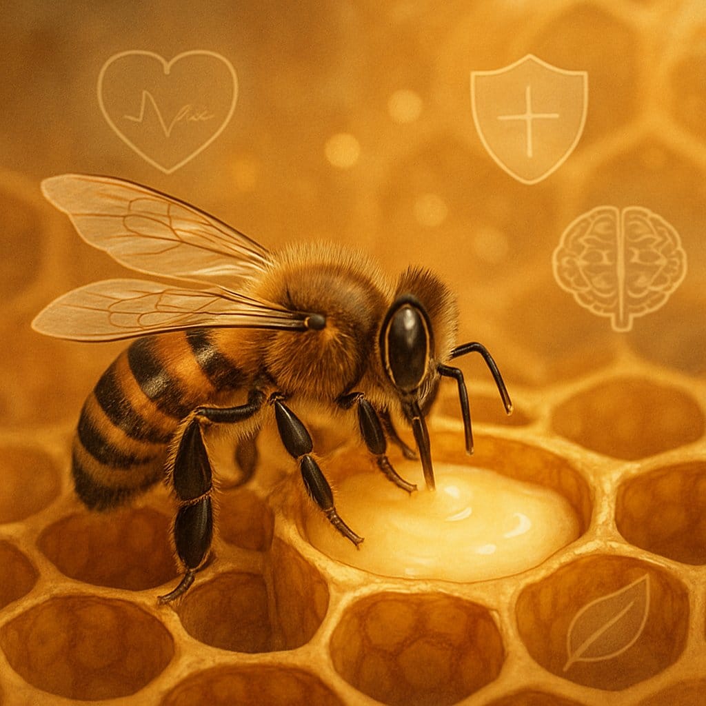 A honeybee collecting royal jelly from a honeycomb inside a beehive with health-related icons floating around.