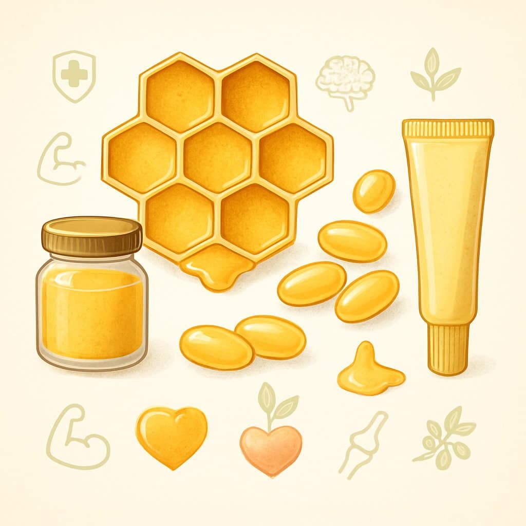 An illustration showing different forms of royal jelly including jars, capsules, and tubes around a honeycomb filled with royal jelly, with icons representing various health benefits.