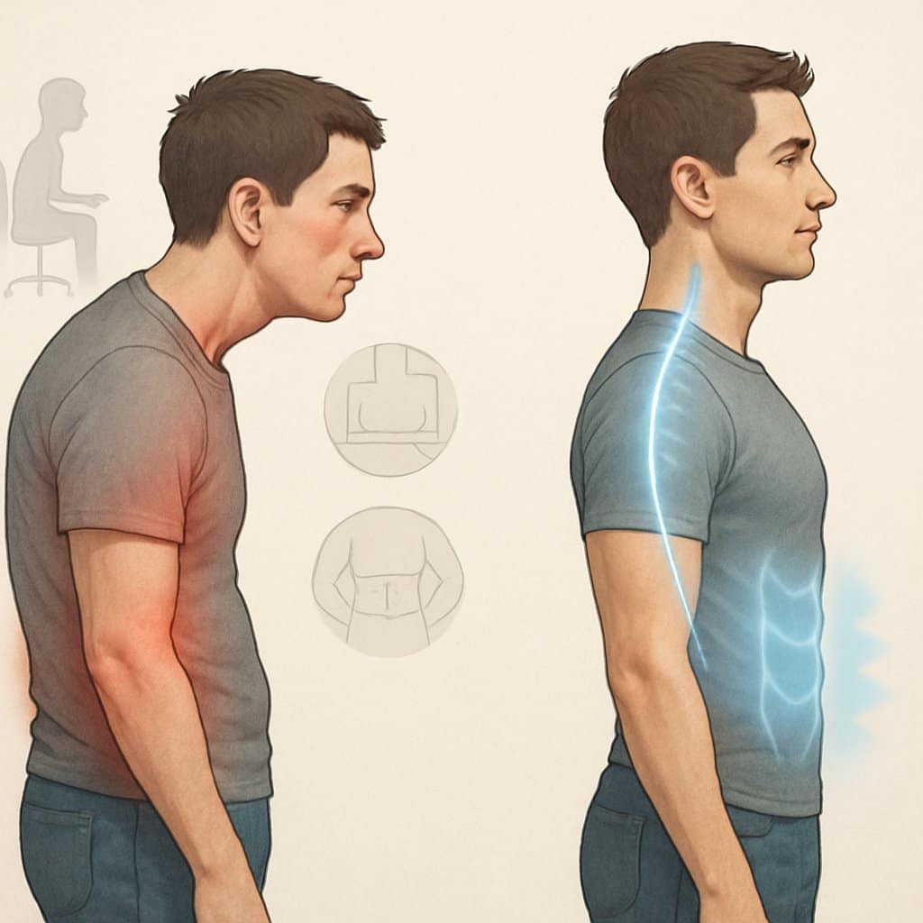 Illustration comparing a person with poor posture and strain to the same person standing upright with strong core muscles and good posture.
