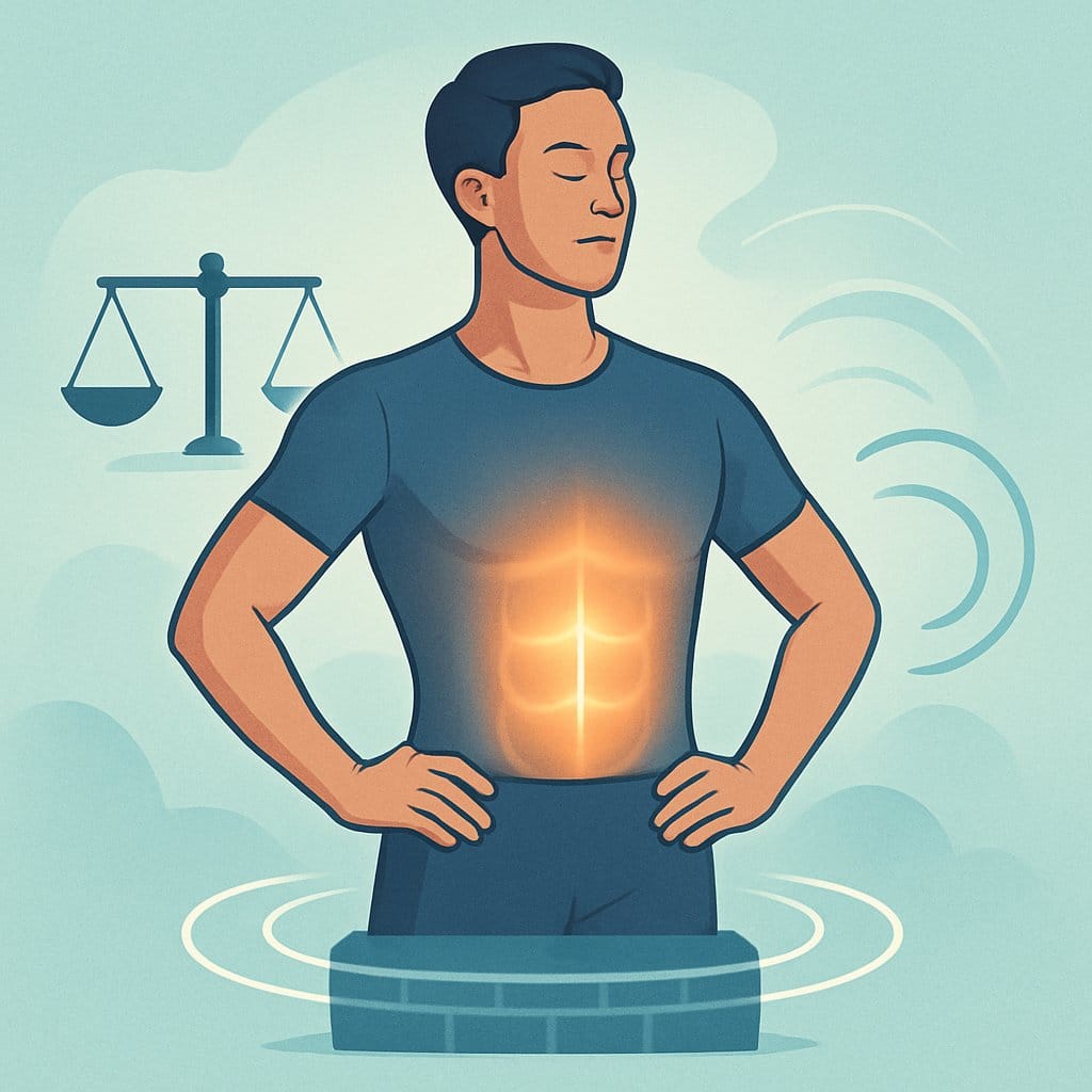 A person standing with perfect posture, core muscles highlighted, surrounded by symbols of balance and stability.