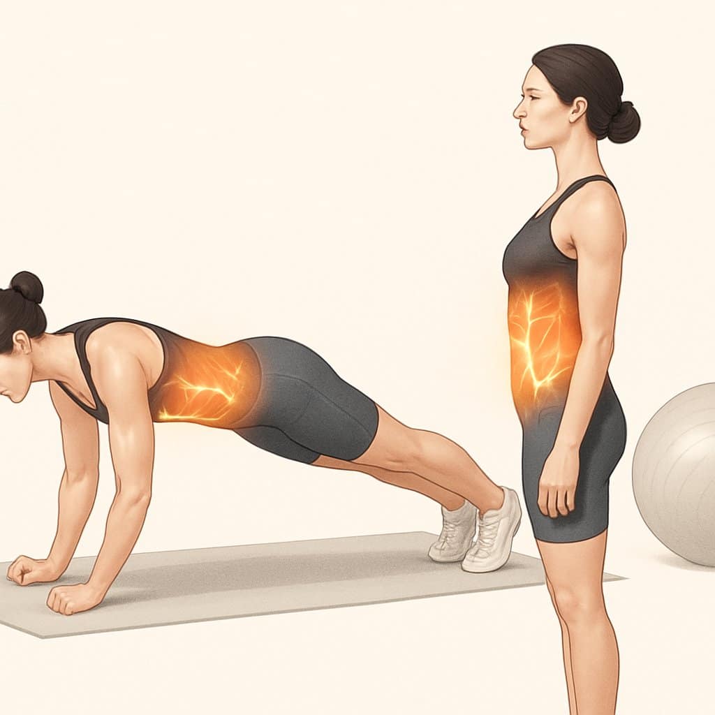 A person performing core exercises showing front and side views with highlighted core muscles, demonstrating how core training improves posture.