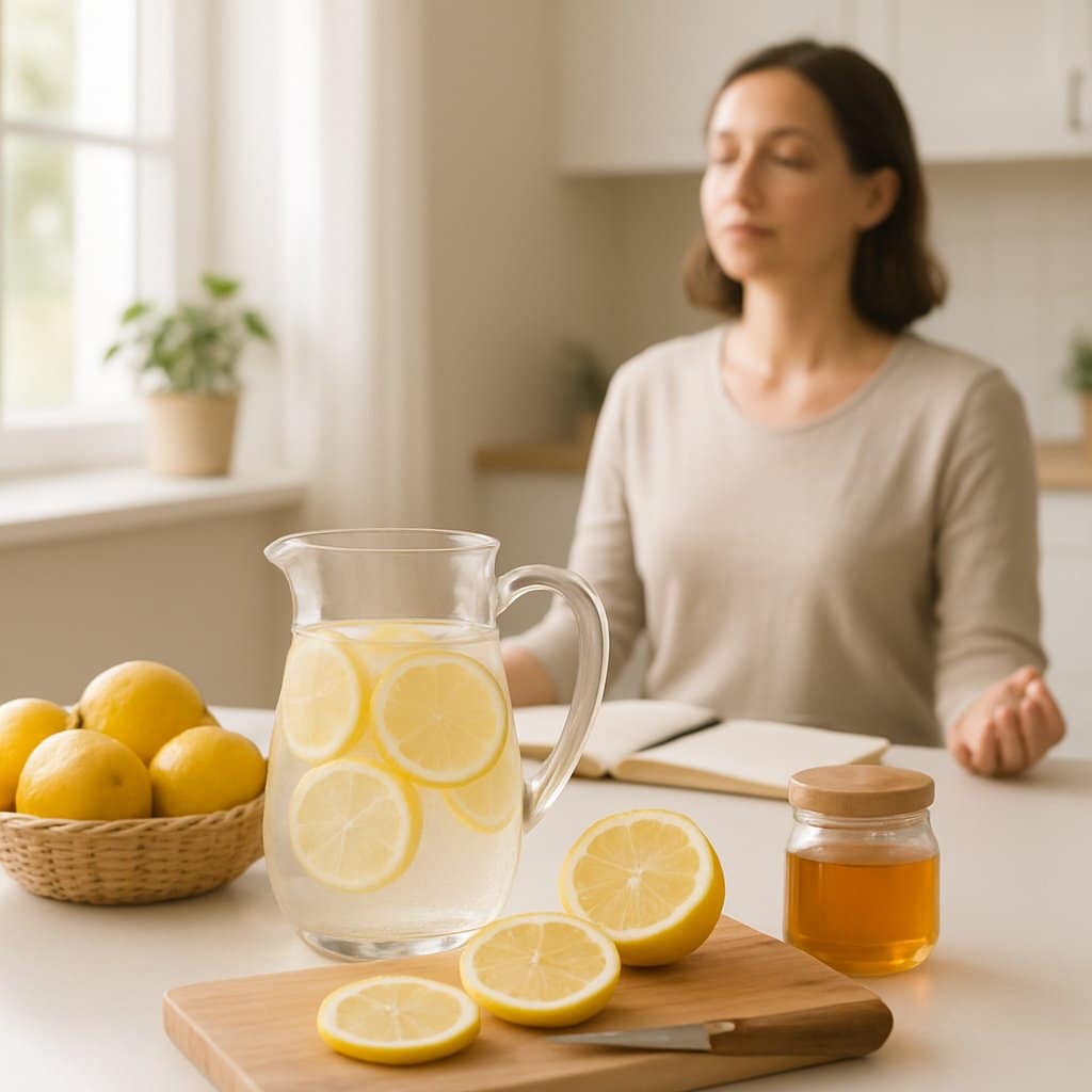 A person sitting calmly at a table in a bright kitchen with fresh lemons, a glass pitcher of lemon water, and honey on a wooden board.