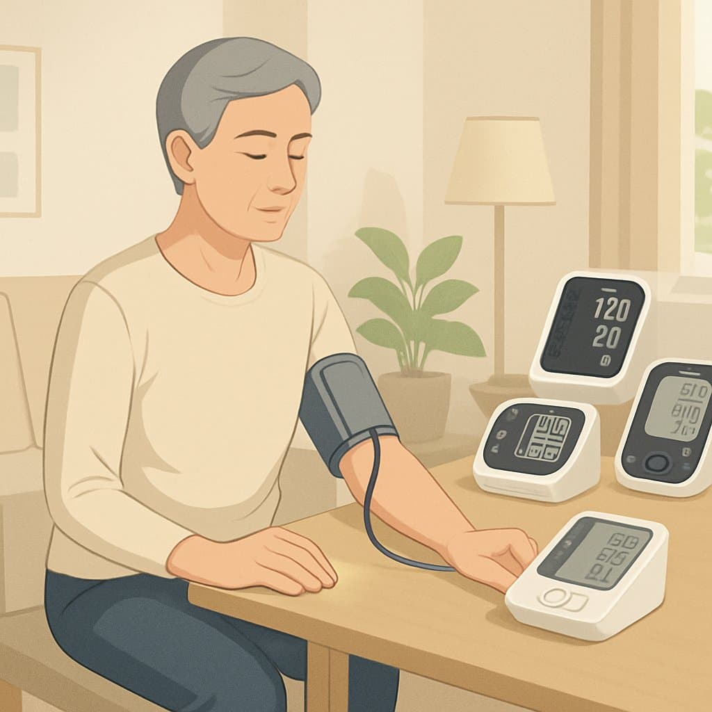 A person sitting in a living room using a blood pressure monitor on their upper arm with the cuff properly placed and the digital monitor showing readings.