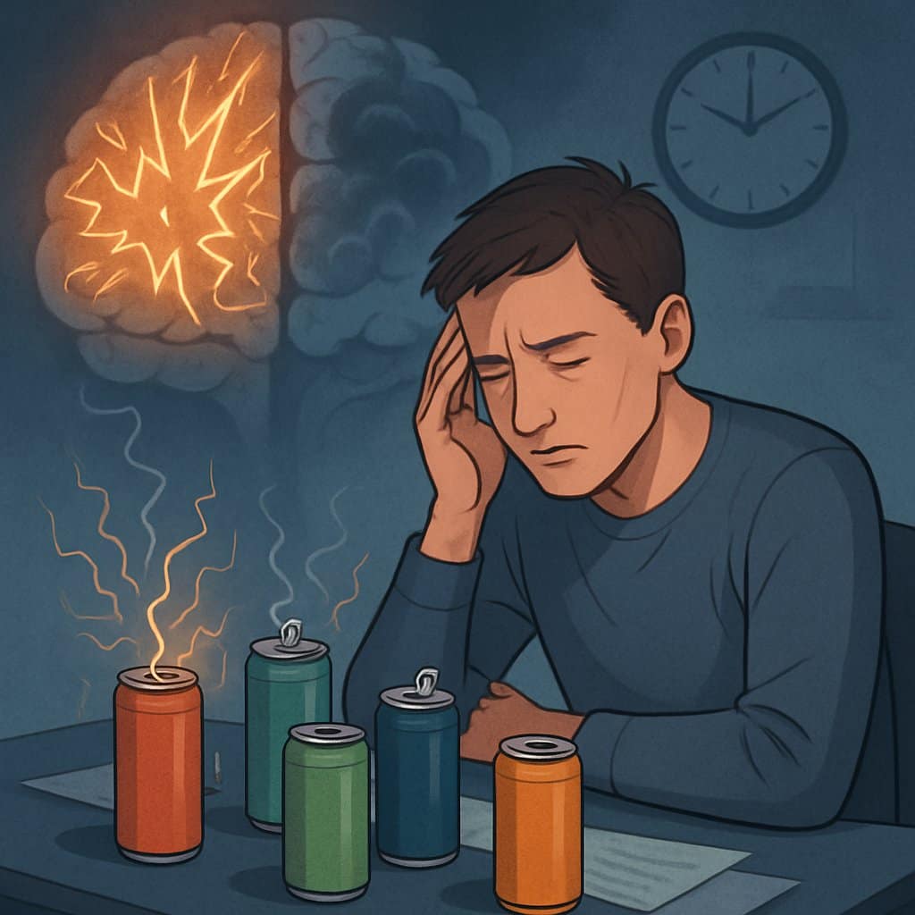 A person sitting at a desk looking stressed, surrounded by energy drink cans, with a ghostly brain in the background showing signs of anxiety and mood disorder.