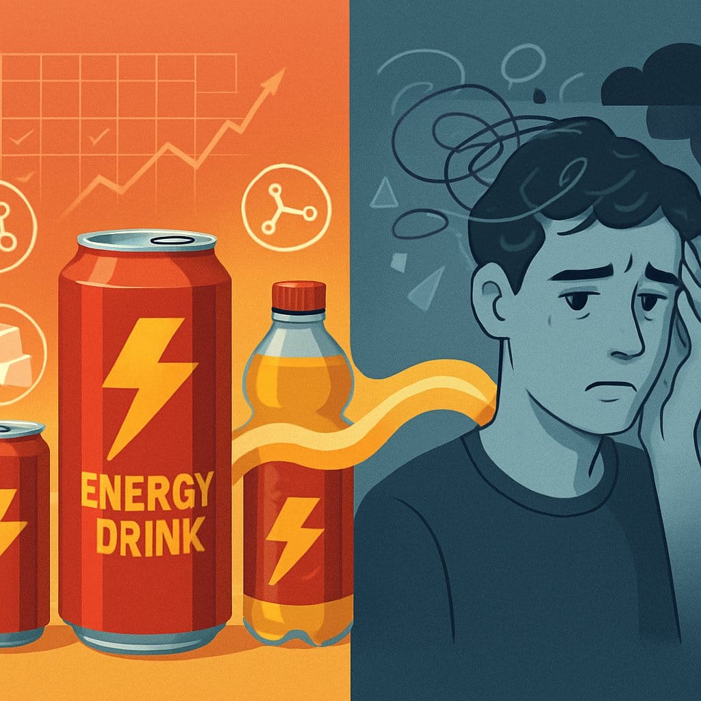 Illustration showing energy drink cans with ingredient icons on one side and a person with anxious expression surrounded by abstract shapes on the other, connected by an energy wave.
