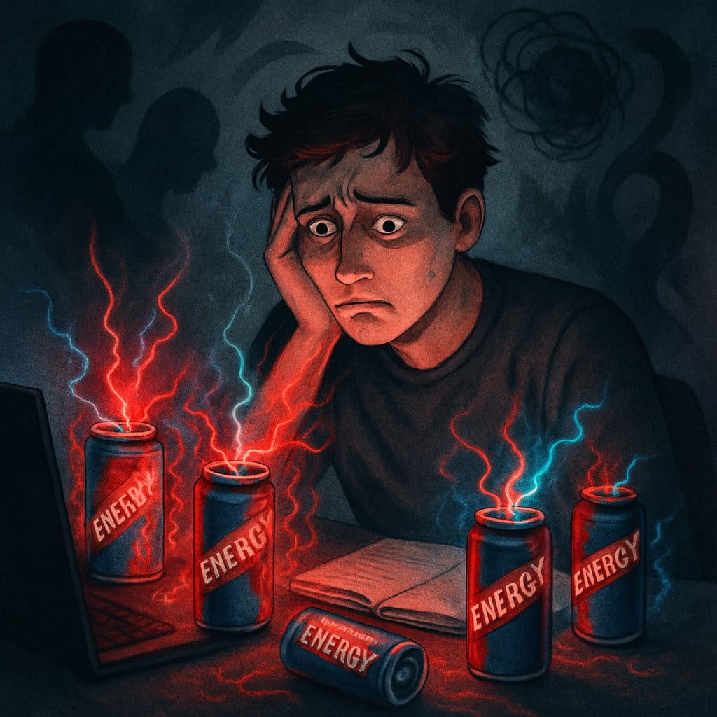 A person at a desk looking anxious surrounded by glowing energy drink cans with abstract shapes symbolizing mental distress around their head.