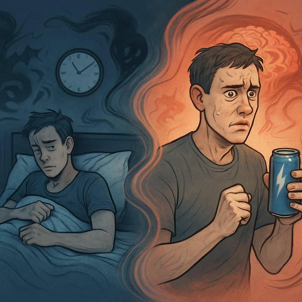 A person struggling to sleep at night and later feeling anxious and stressed while holding an energy drink during the day, with visual elements showing mental health effects.