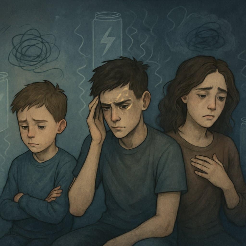 Three individuals—a child, a teenager, and a young adult—showing signs of anxiety and distress, surrounded by faint images of energy drink cans and abstract shapes representing emotional struggles.