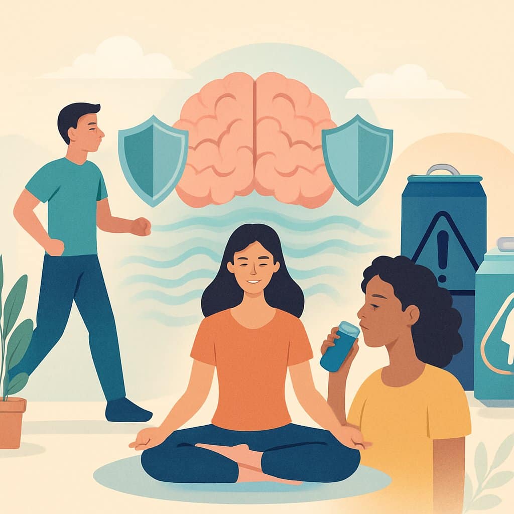 People practicing mindfulness and healthy habits around energy drinks, showing calm and balanced emotions in a peaceful environment.