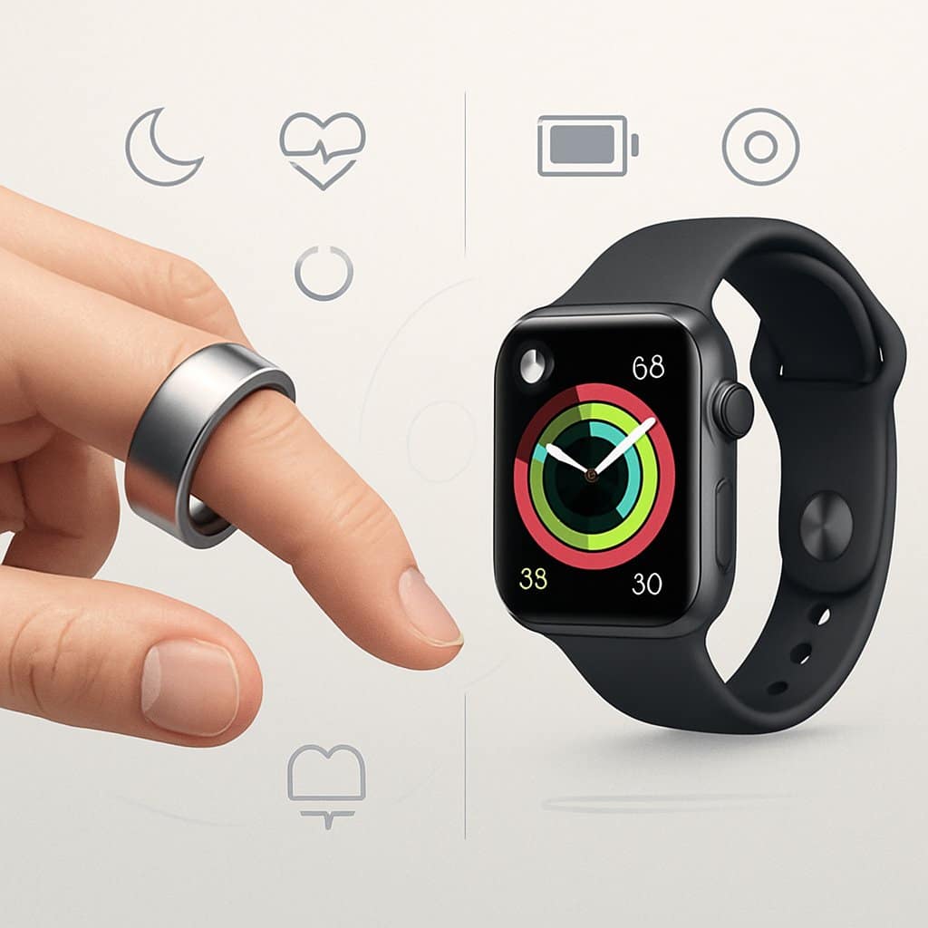 Side-by-side illustration of an Oura Ring on a finger and an Apple Watch displaying health metrics, highlighting their design and features.