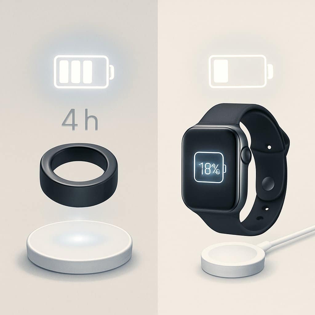 An illustration comparing the battery life and charging methods of an Oura Ring and an Apple Watch, showing each device with battery icons and charging pads.