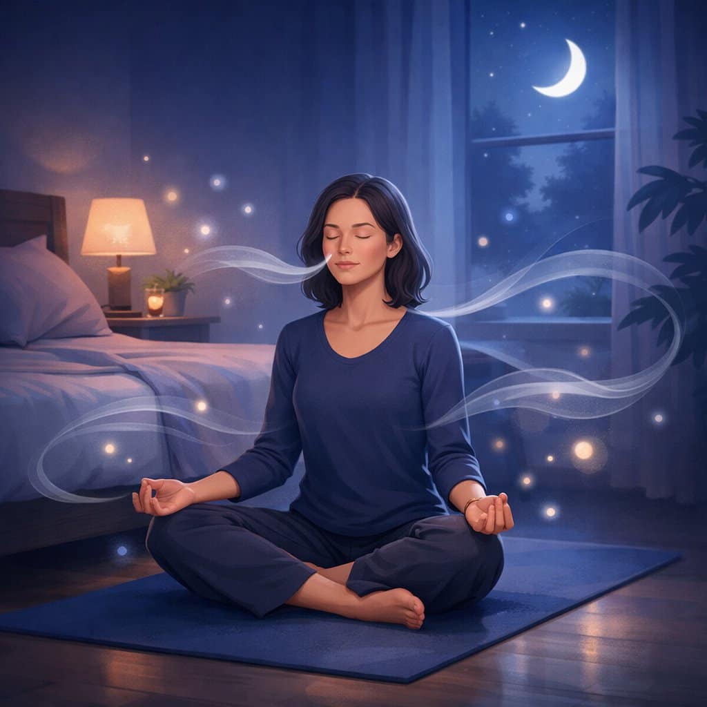 A person sitting cross-legged on a yoga mat in a bedroom at night, meditating with closed eyes, surrounded by soft glowing lights and moonlight coming through a window.