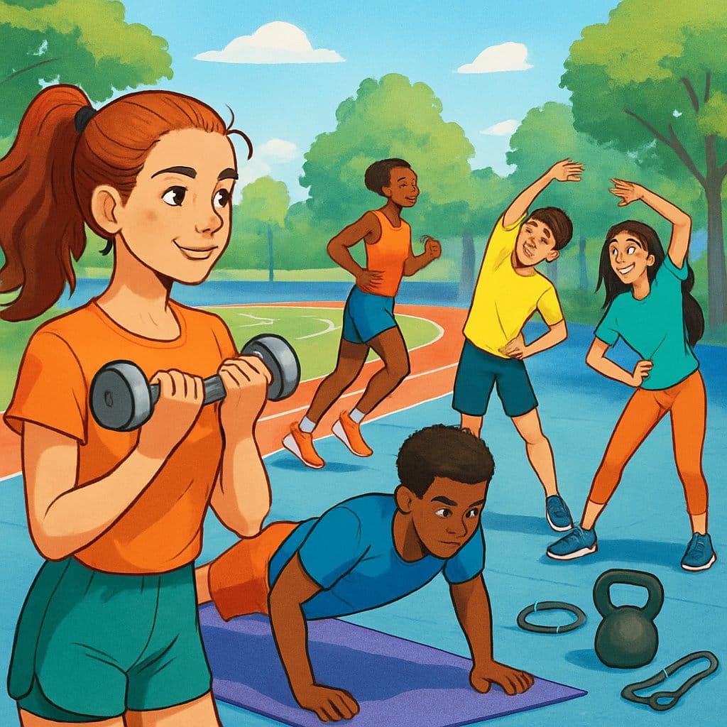 Teenagers exercising outdoors, lifting weights, running, doing push-ups, and stretching in a park-like gym area.