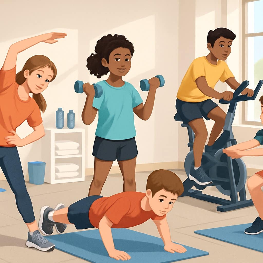 A group of teenagers exercising together in a gym, doing different workouts like stretching, lifting weights, and cycling.