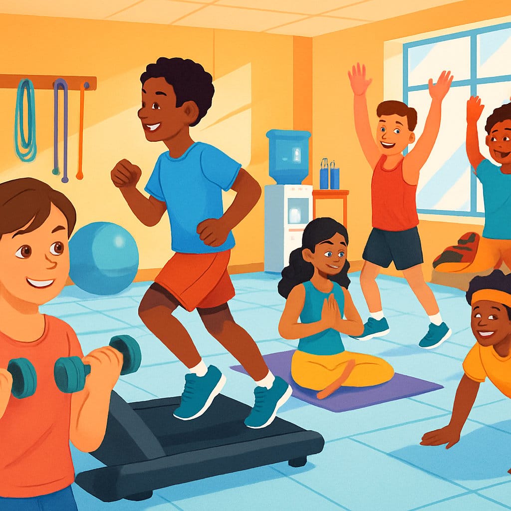 A group of teenagers exercising together in a gym, performing different workouts like weightlifting, running, yoga, and bodyweight exercises.