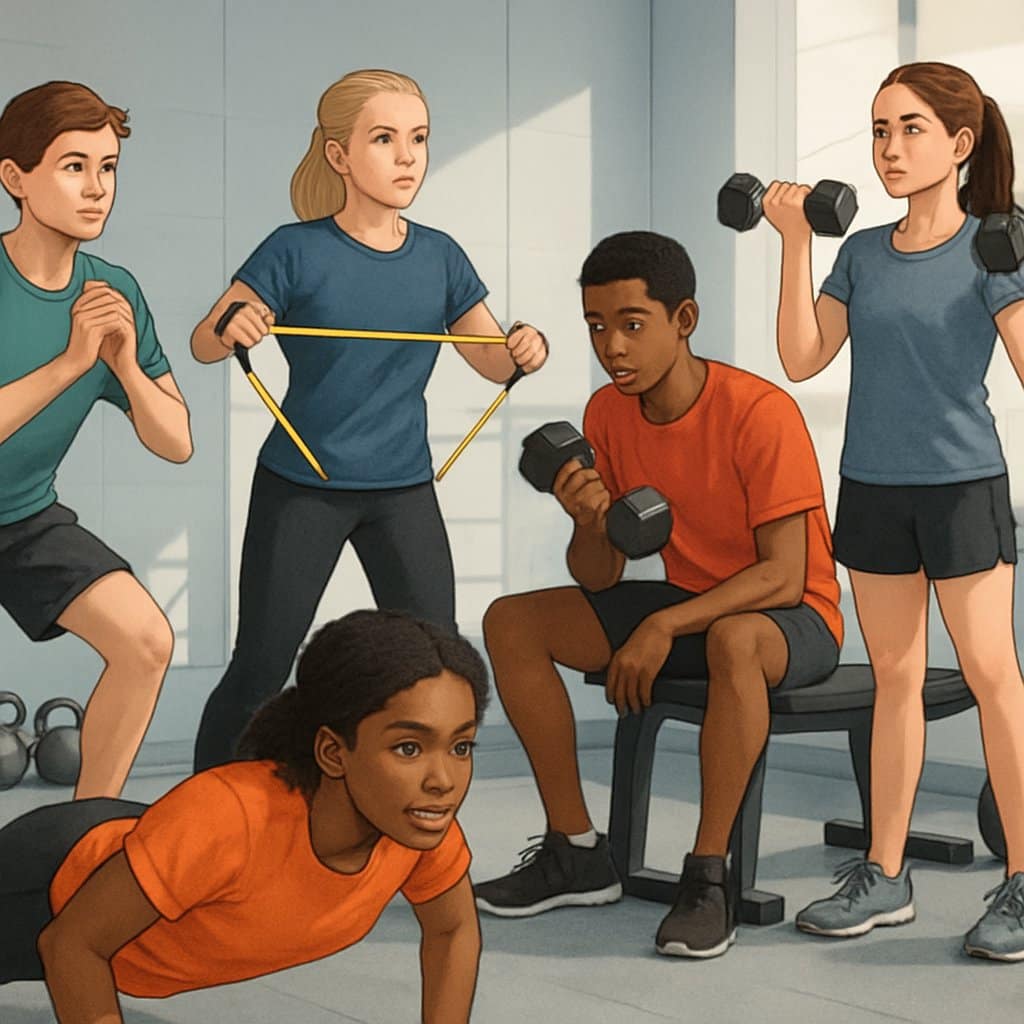 A group of teenagers exercising with weights and resistance bands in a bright gym.