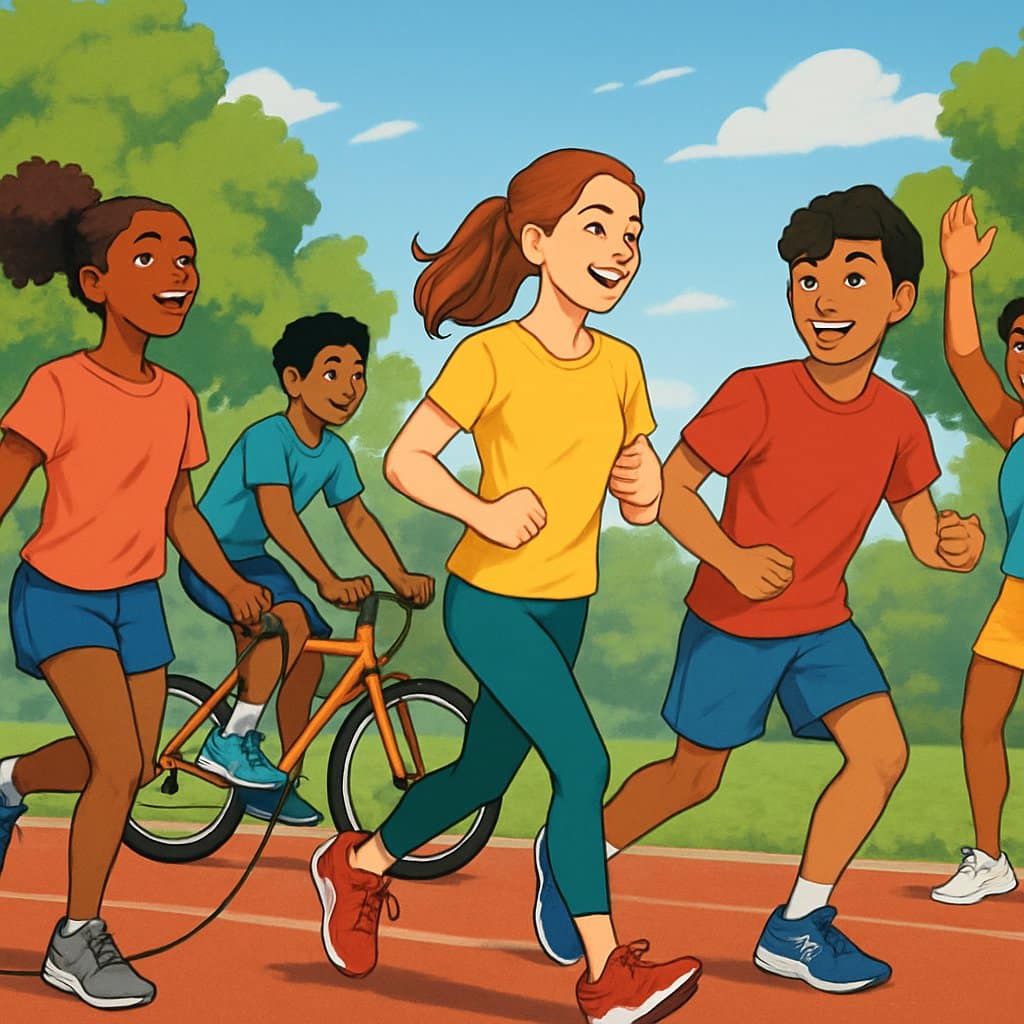 A group of diverse teenagers exercising outdoors, jogging, cycling, jump roping, and doing aerobic workouts in a park with trees and a running track.