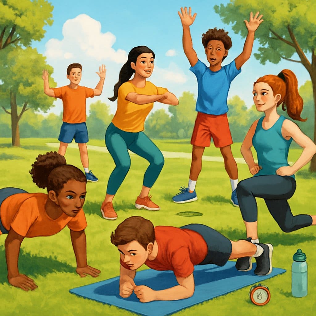 A group of diverse teenagers exercising outdoors, performing bodyweight workouts like push-ups, squats, and planks in a park.