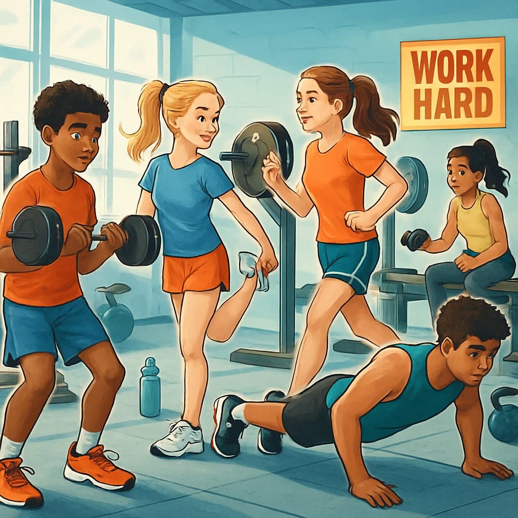 A group of diverse teenage athletes exercising together in a gym, performing various workouts with fitness equipment.