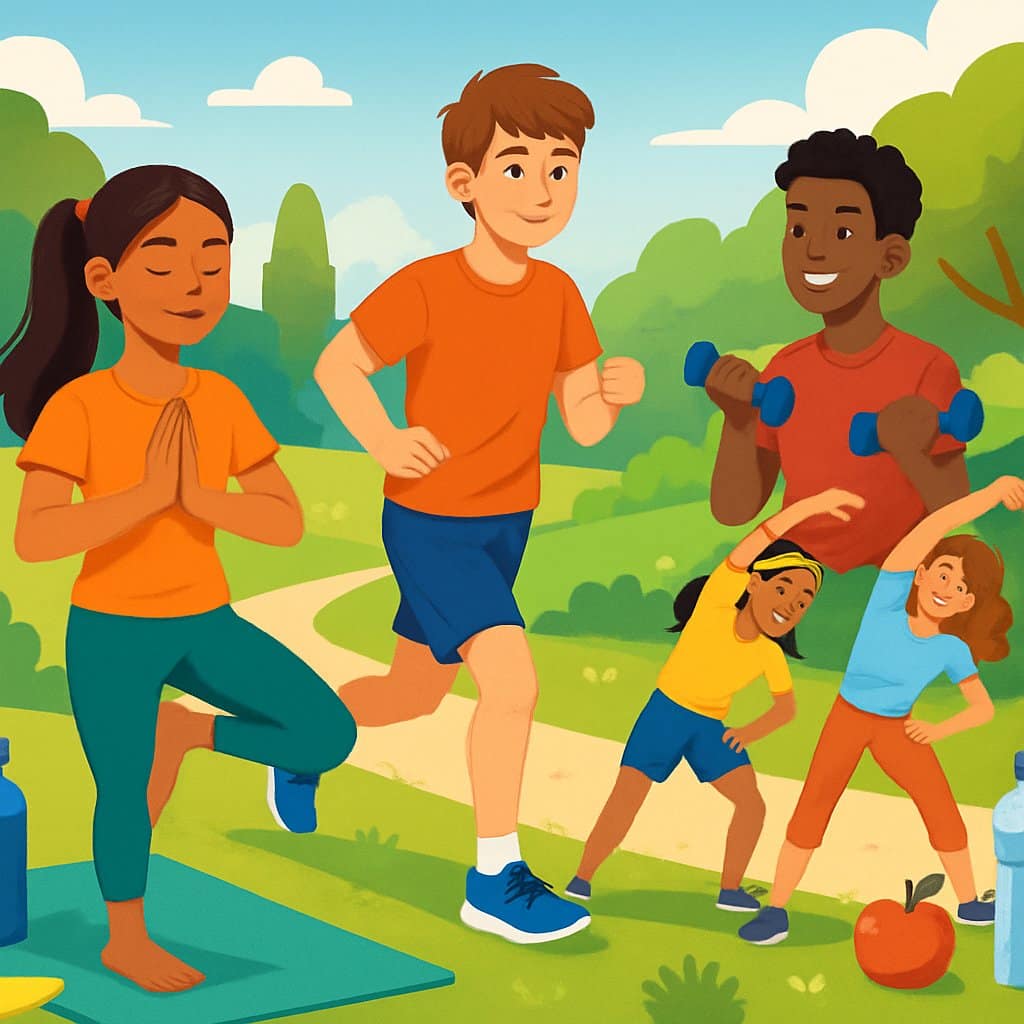 A group of teenagers exercising outdoors in a park, doing yoga, jogging, lifting weights, and stretching together.