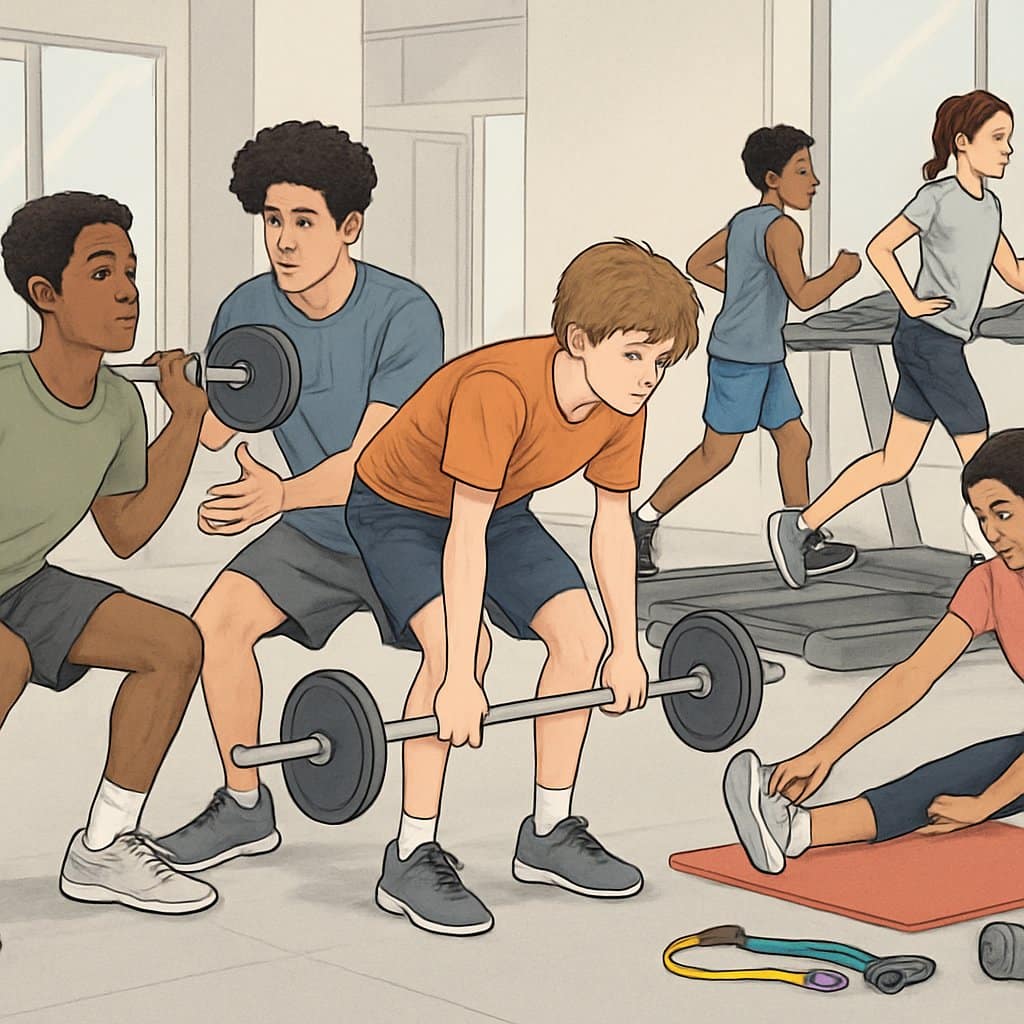 Teenagers exercising in a gym, showing both correct and incorrect workout techniques with a trainer supervising.
