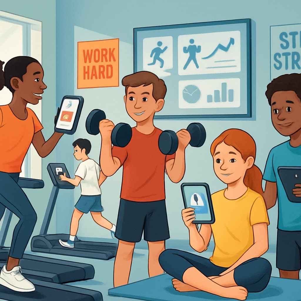 A group of teenagers exercising in a gym while using smartphones and tablets to follow workout routines.