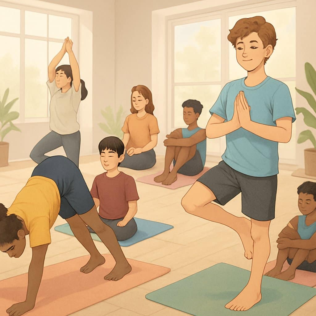 Teenagers practicing yoga, stretching, and meditating together in a bright indoor studio.