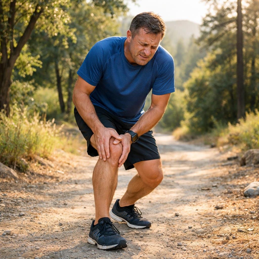 A middle-aged runner on a nature trail holding their knee with a concerned expression, indicating pain while running.