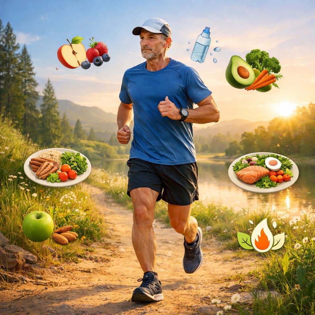 A mature runner jogging on a trail surrounded by symbols of healthy nutrition like fruits and water bottles.