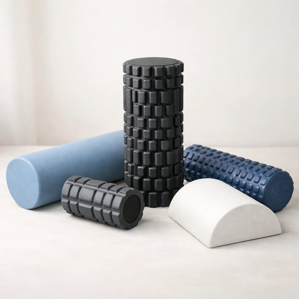 A variety of foam rollers arranged on a light surface, including smooth, textured, compact, and half-round types in neutral colors.
