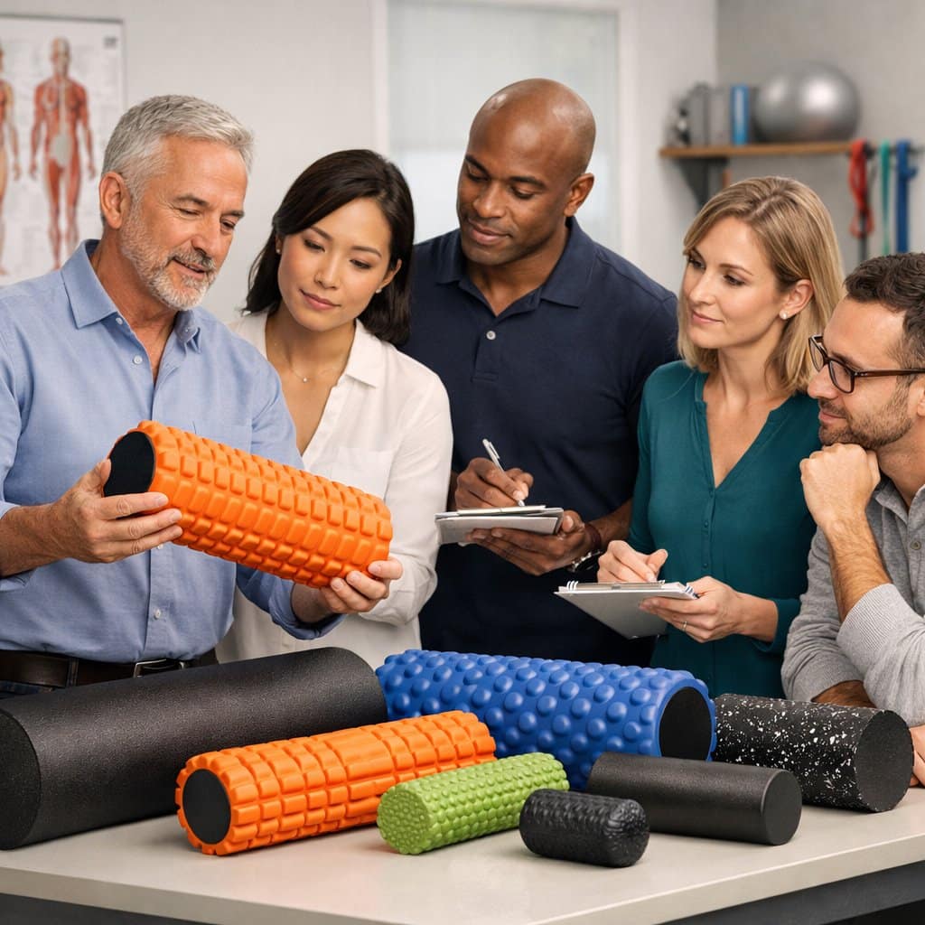A group of experts examining and discussing different foam rollers in a studio setting with fitness equipment in the background.