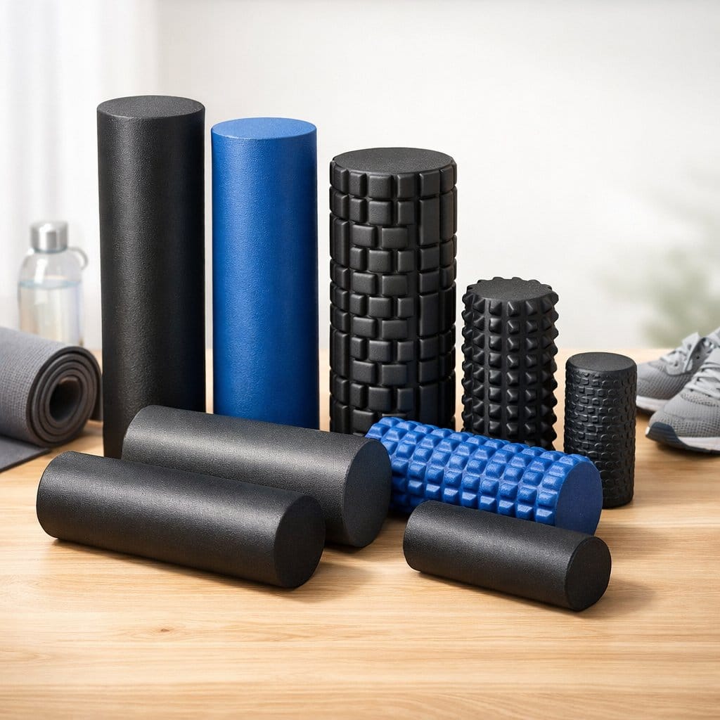 A collection of different foam rollers arranged on a wooden surface with a yoga mat, water bottle, and athletic shoes nearby.
