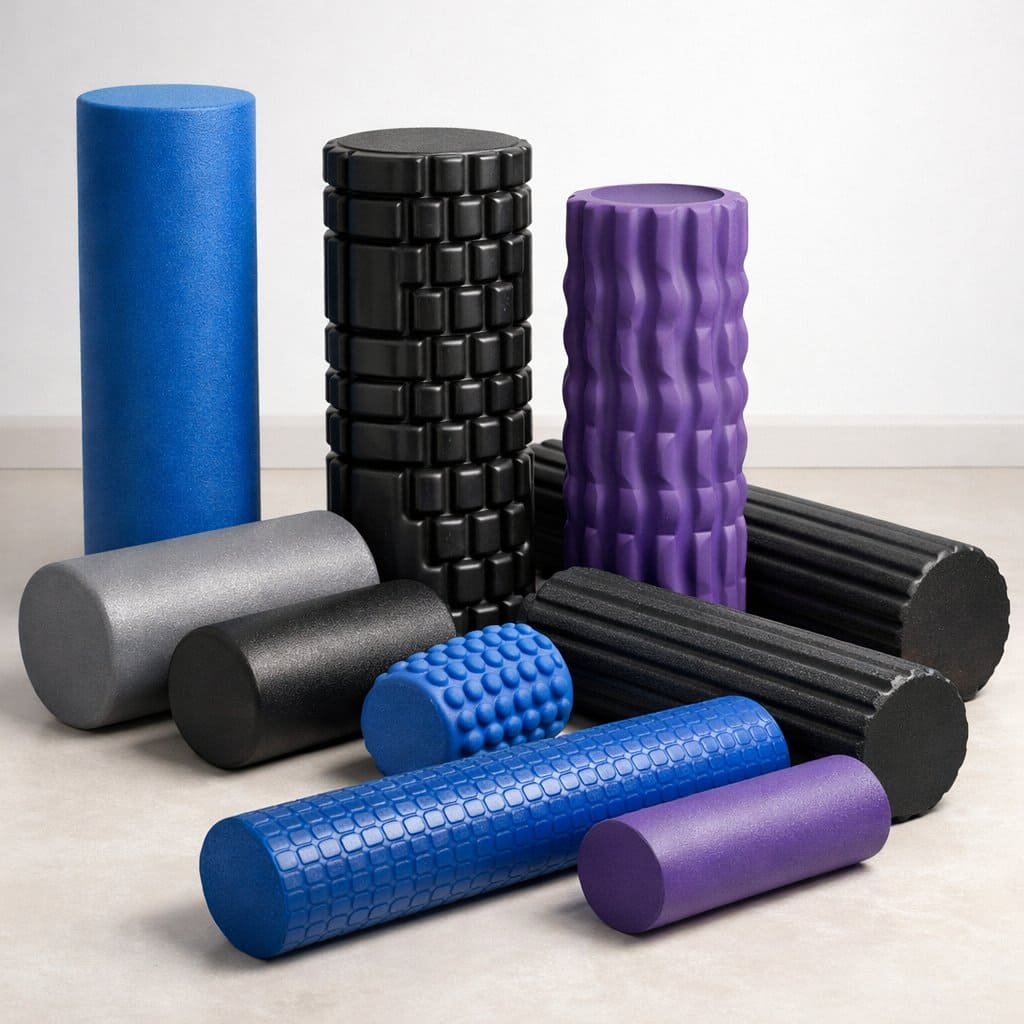 A collection of different foam rollers in various sizes and textures arranged on a light surface.
