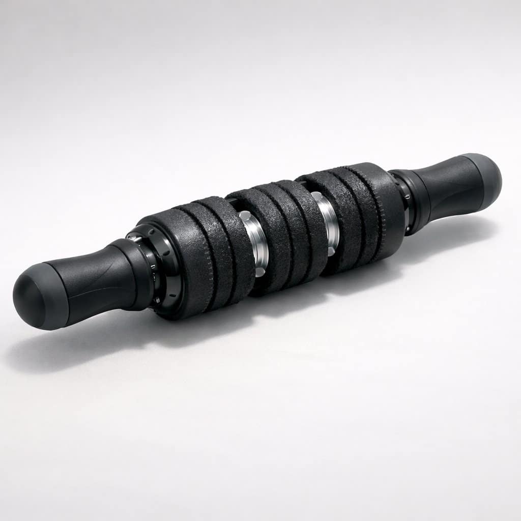 A detailed illustration of a foam roller with textured surfaces and ergonomic handles on a neutral background.