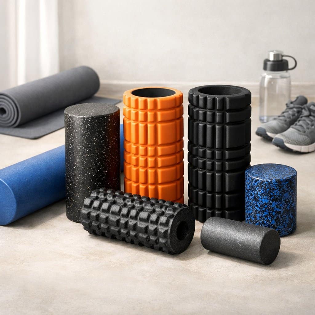 A collection of different foam rollers displayed on a surface with fitness accessories in the background.