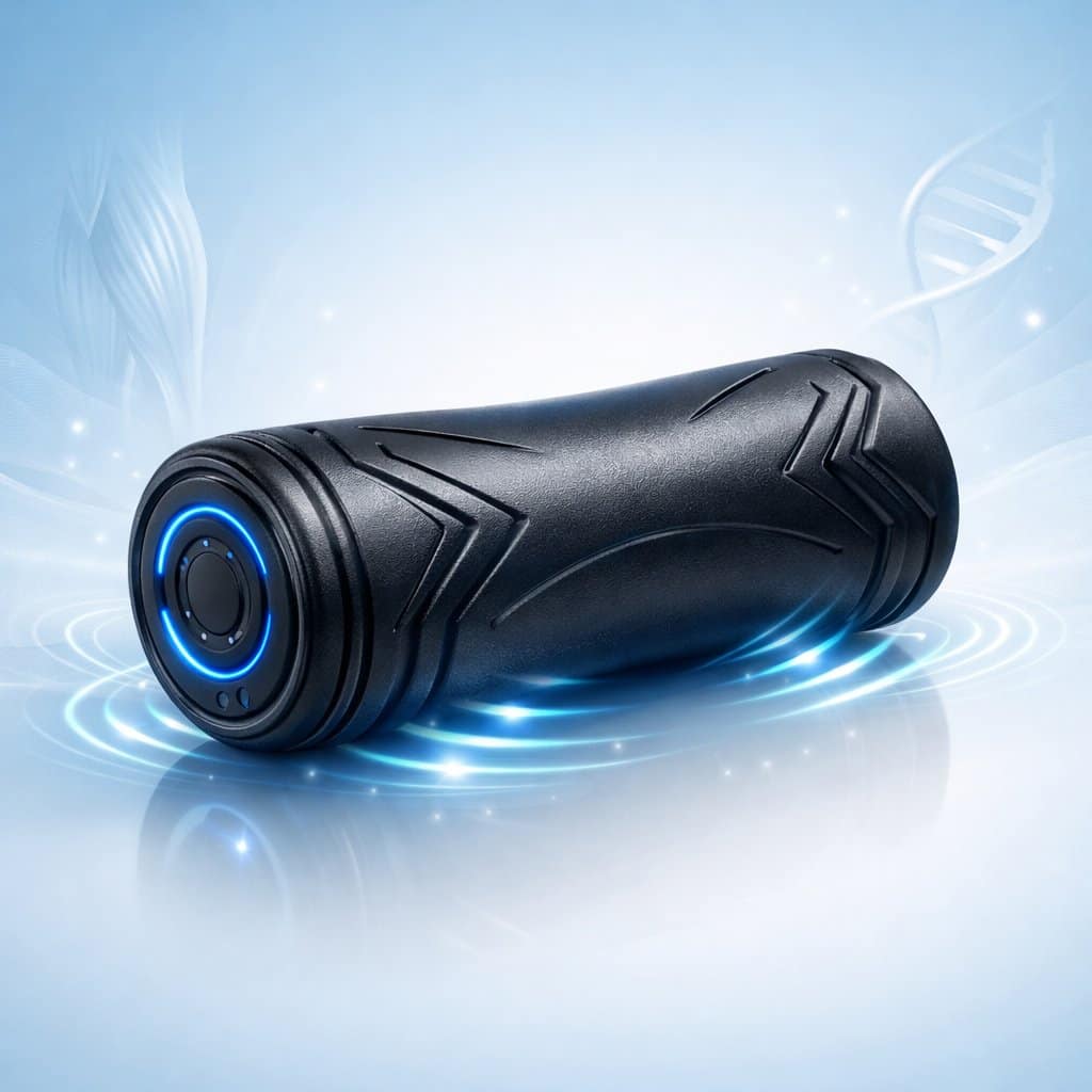 A sleek vibrating foam roller with arrow designs, shown with subtle wave patterns around it to represent muscle relaxation.