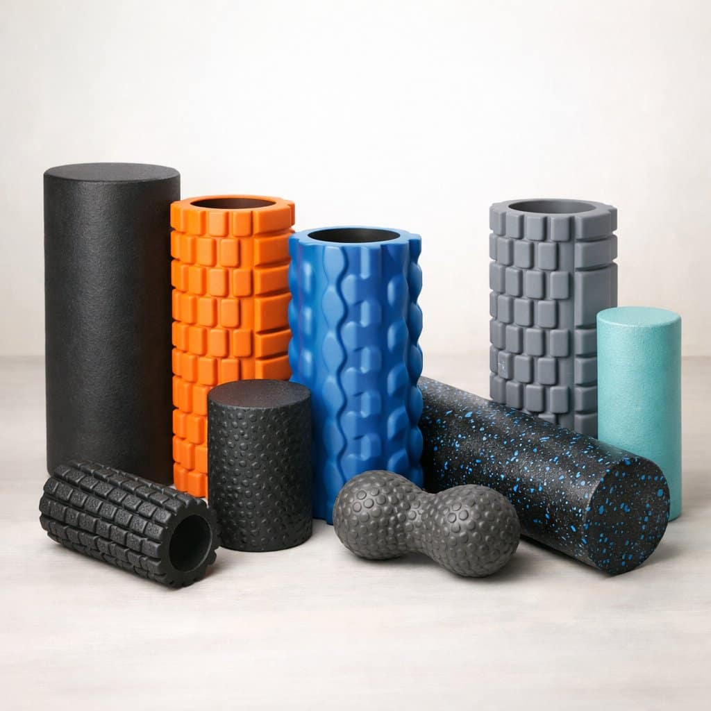 A collection of foam rollers with different textures and sizes arranged on a surface.