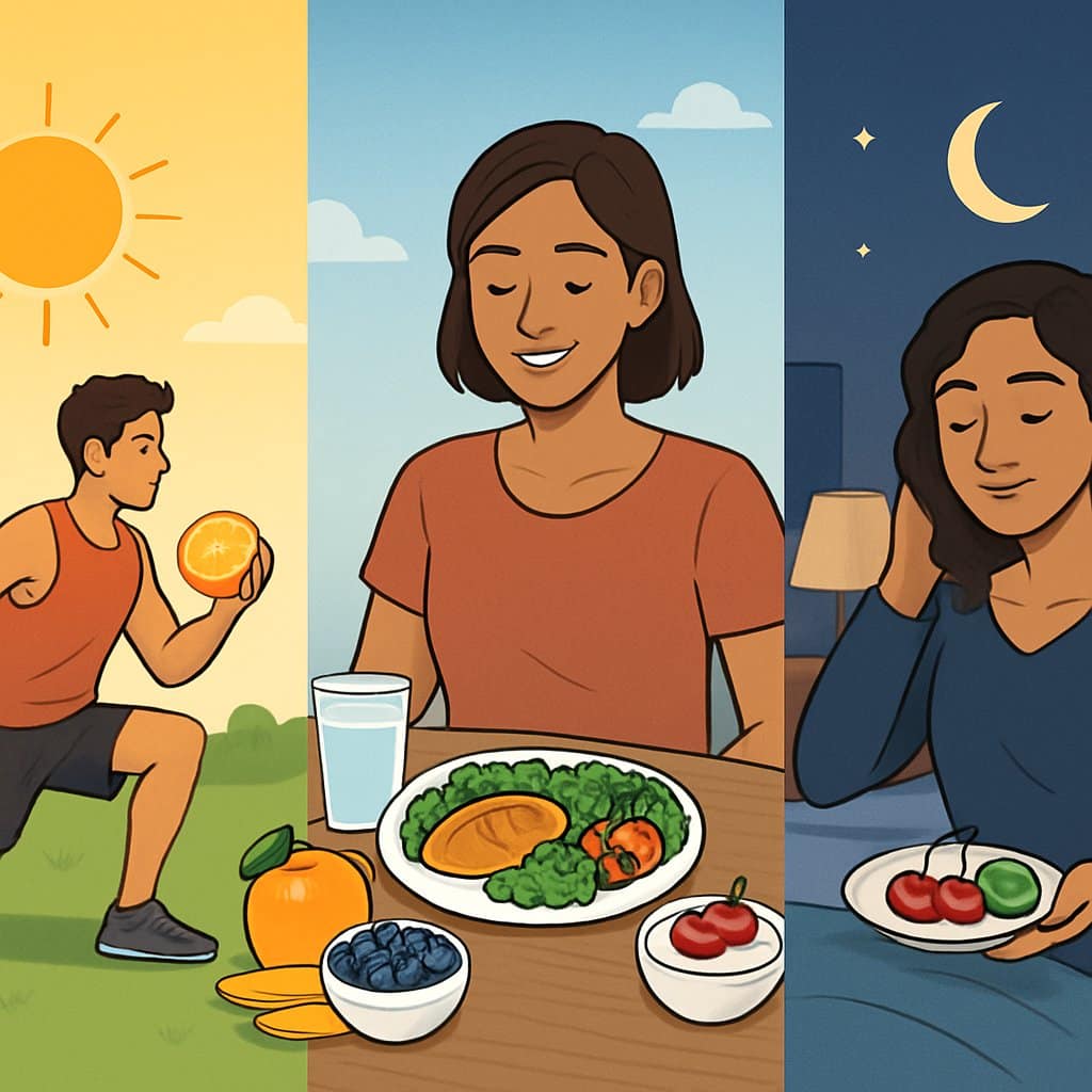 A scene divided into morning, afternoon, and evening showing a person exercising with fruits in the morning, healthy fruits on a table in the afternoon, and a person preparing for sleep with calming fruits in the evening.