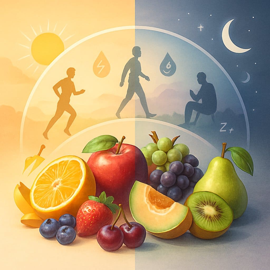 Illustration of various fruits arranged along a timeline from morning to evening, showing their nutritional benefits with scenes of a person exercising in the morning and relaxing in the evening.
