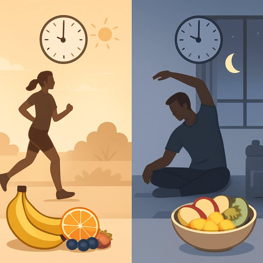 Two-part scene showing a person jogging in the morning with fresh fruits nearby and another person stretching indoors in the evening with a bowl of fruit, illustrating pre- and post-workout fruit consumption.