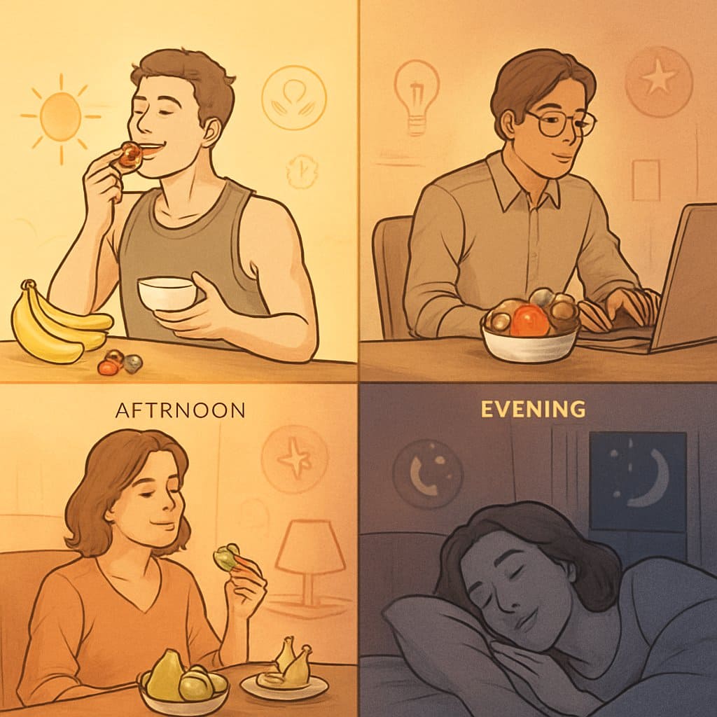 A day-long timeline showing people eating various fruits at different times: after a morning workout, during an afternoon work session, in the evening while relaxing, and a calm bedroom scene at night.