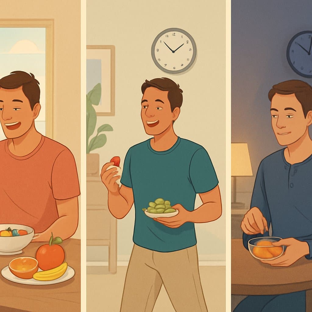 A person eating fruit and exercising in the morning, having a healthy snack during the day, and preparing for sleep with a light fruit snack in the evening.